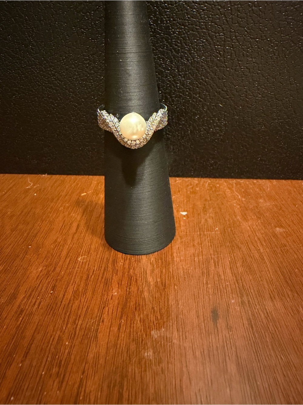 Pearl and Crystal Halo Ring in White Gold Tone